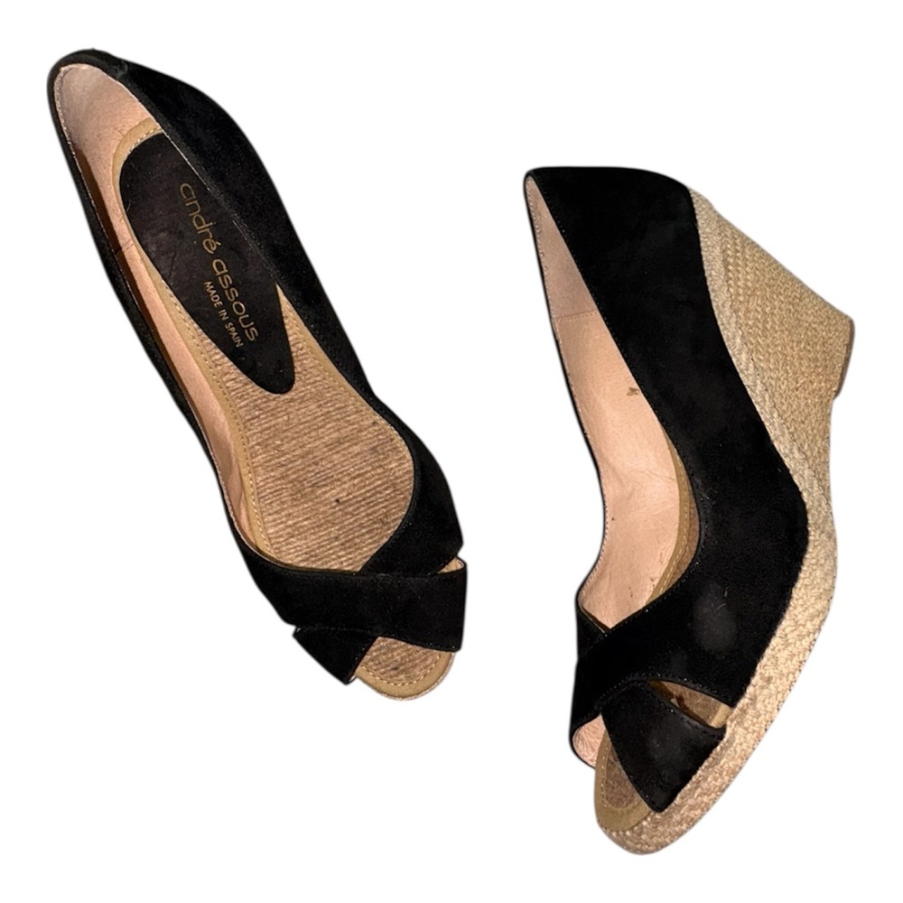 Andre Assous Black Peep Toe Espadrille Wedges